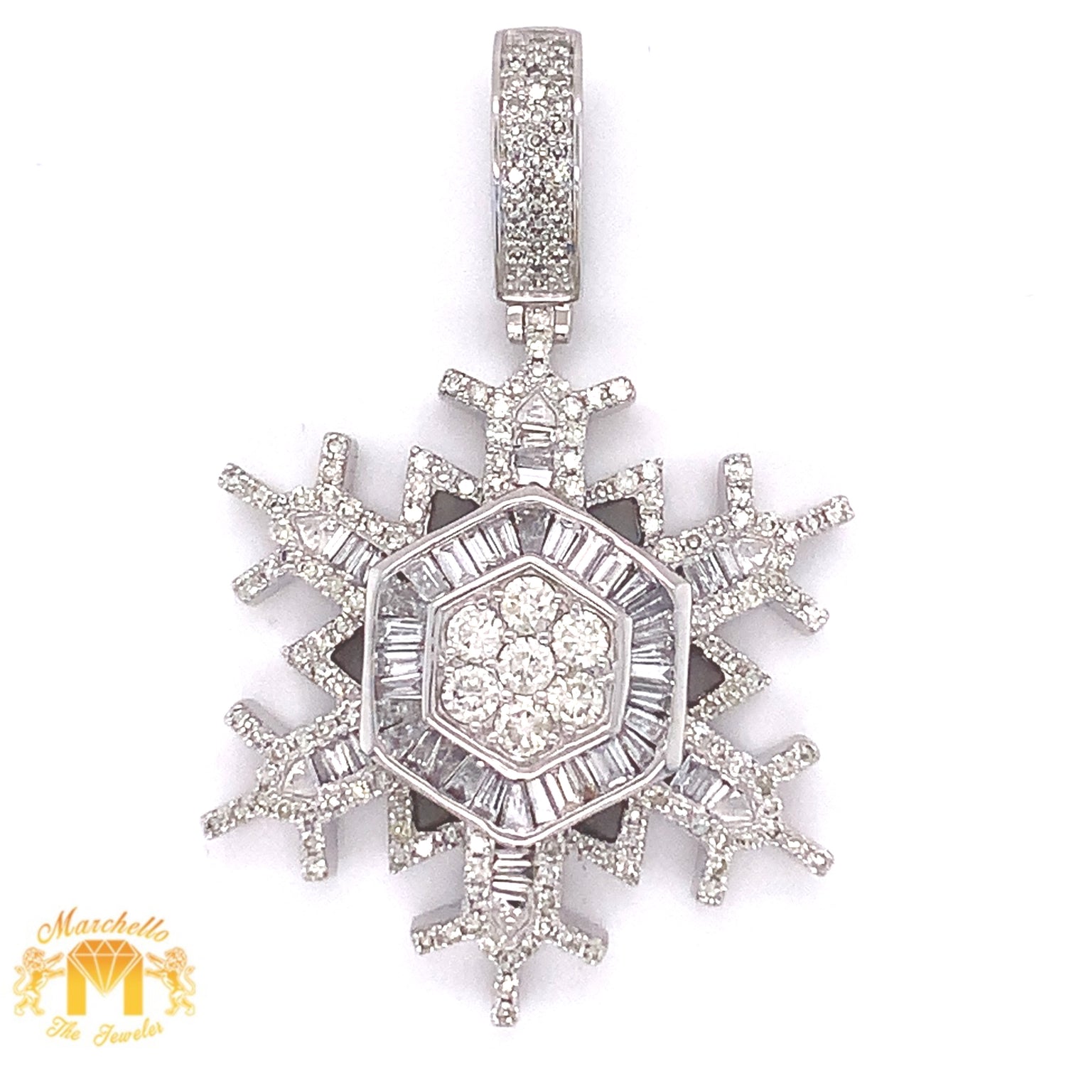 14k Gold Snowflake Pendant with Baguette and Round Diamond & Gold Cuban Link Chain Set