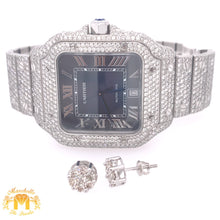 Load image into Gallery viewer, 40mm Santos de Cartier Iced out Stainless Steel Watch and 1ct Diamond Earrings (blue dial)