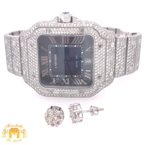 40mm Santos de Cartier Iced out Stainless Steel Watch and 1ct Diamond Earrings (blue dial)