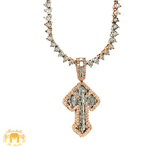 4.07ct Diamond and Gold Cross Pendant and Tennis Chain Set (1 pointers, emerald-cut diamonds, choose your color)
