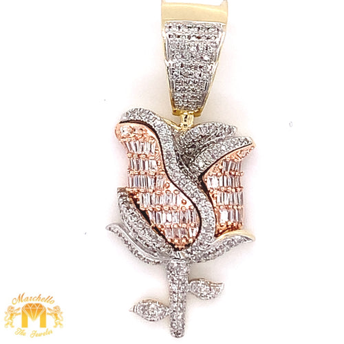 Tri-color Gold and Diamond Rose Pendant with Baguette and Round Diamond & Gold Cuban Link Chain Set