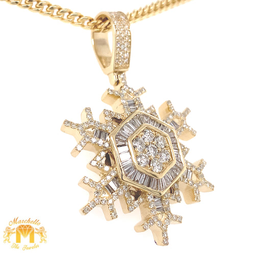 14k Gold Snowflake Pendant with Baguette and Round Diamond & Gold Cuban Link Chain Set