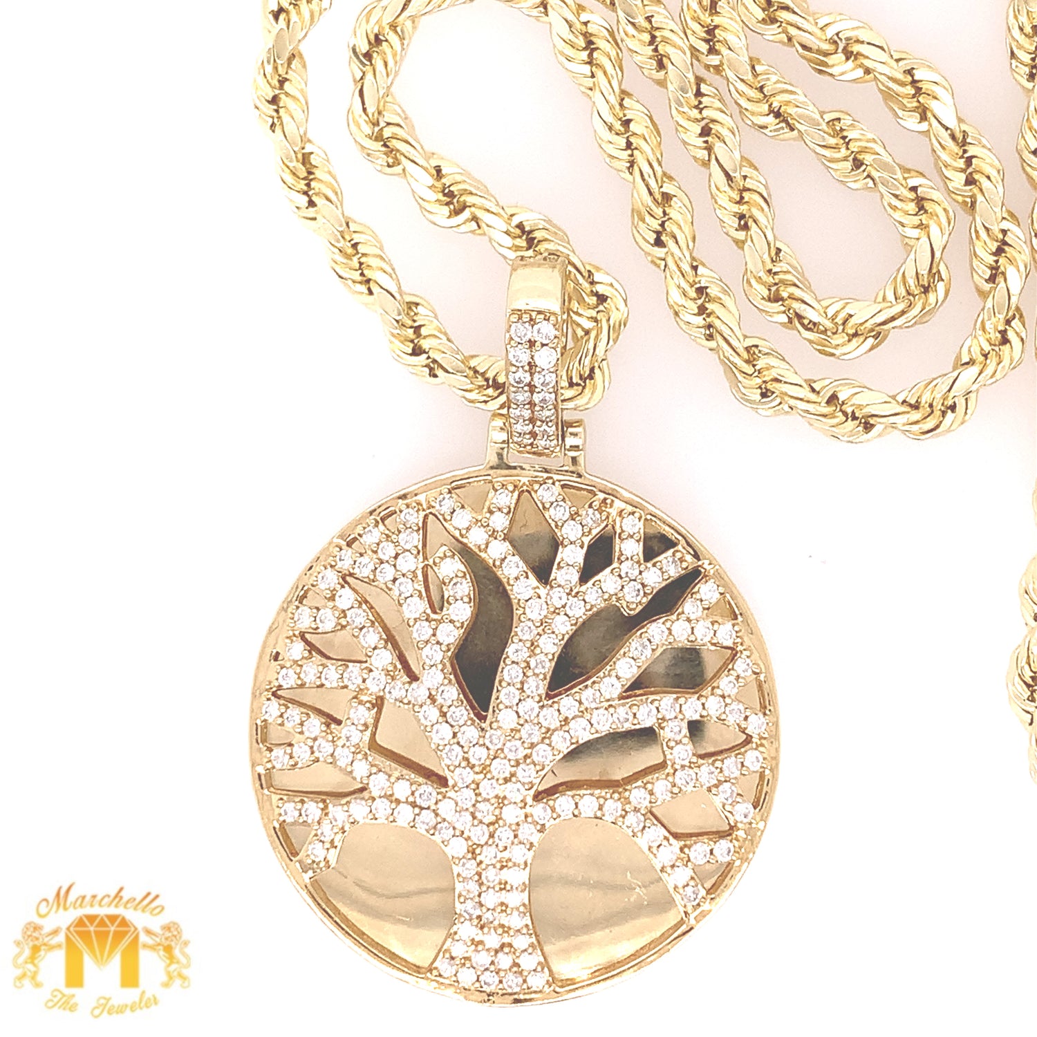 14k Gold Large Tree of Life Diamond Pendant and Rope Necklace
