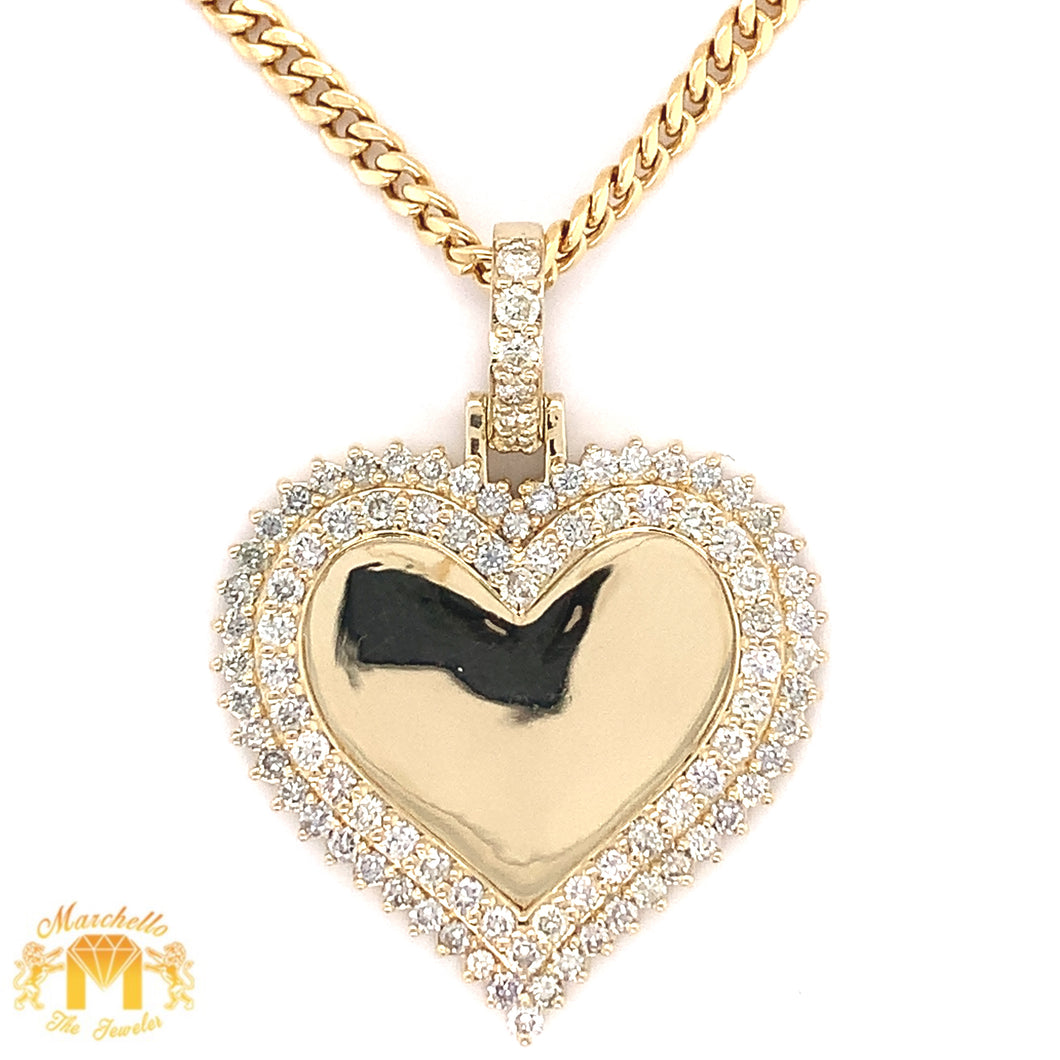 14k Gold Heart Shape Memory Picture Diamond Pendant and Gold Cuban Link Chain Set