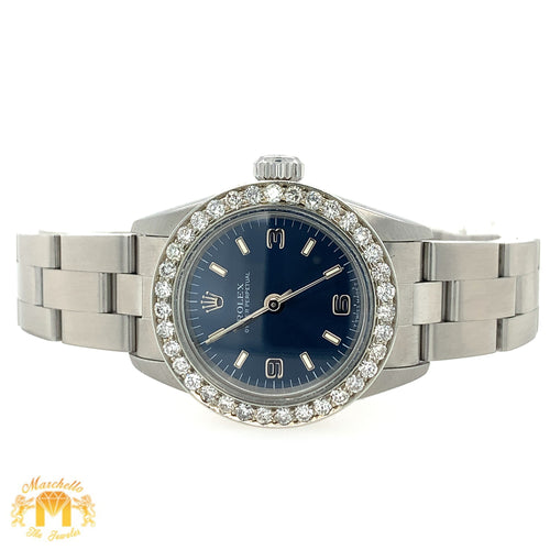 24mm Ladies’ Rolex Oyster Perpetual Stainless Steel Diamond Watch (factory blue dial)