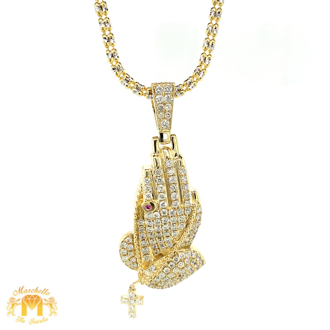 14k Gold Praying Hands Diamond Pendant, Gold 2mm Ice Link Chain (choose your color)