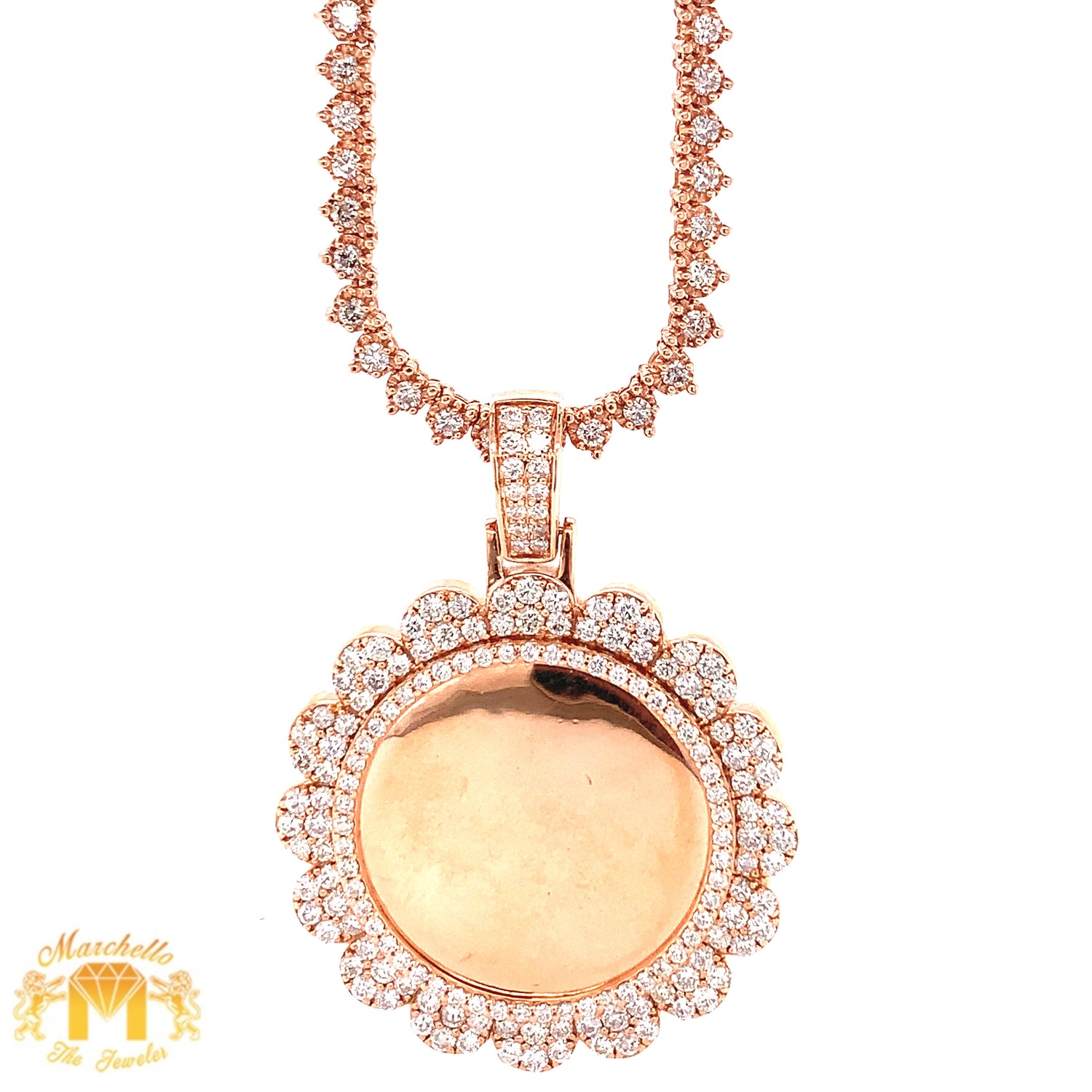 14k Gold Round Memory Picture Diamond Pendant with 14k Gold Tennis Chain