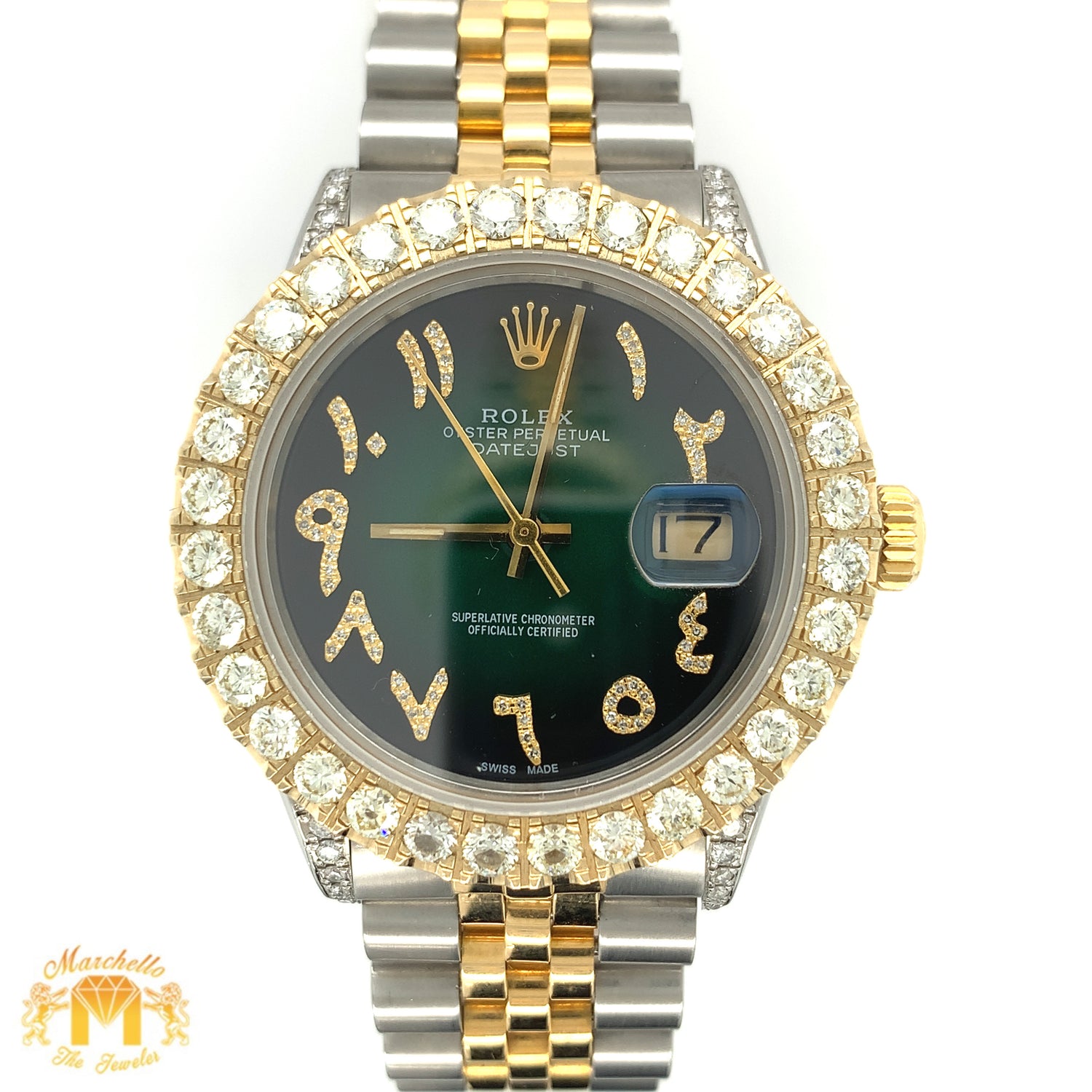 4ct Diamond 36mm Rolex Datejust Watch with Two-tone Jubilee Bracelet (dark green dial, quick-set)