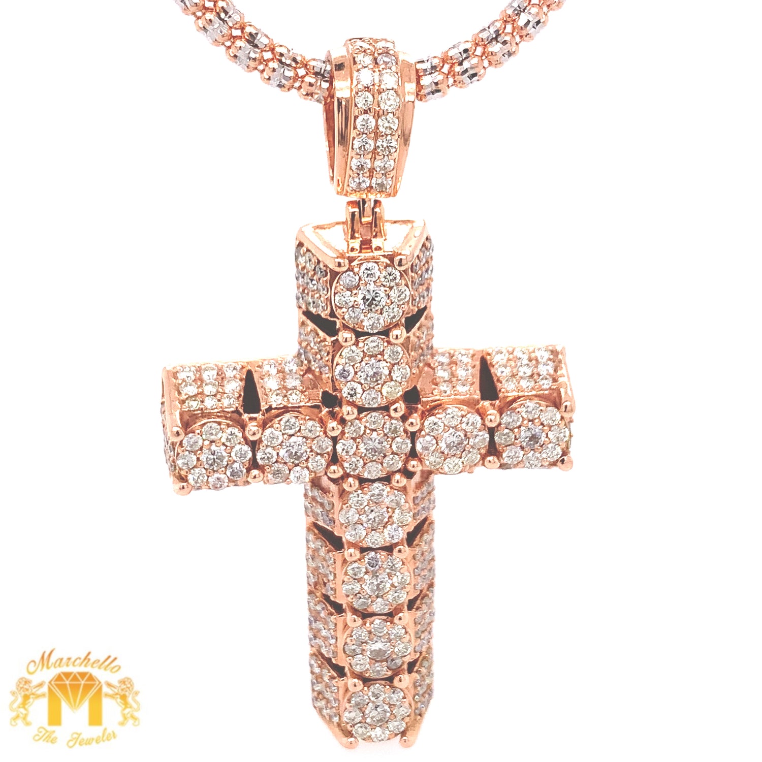 4.81ct Diamond 14k Gold 3D Cross Pendant and Gold Ice Link Chain