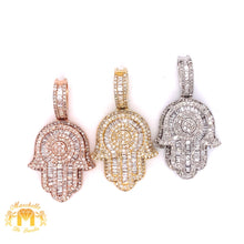 Load image into Gallery viewer, 14k Gold Hamsa Pendant with Baguette Diamond &amp; Gold Cuban Link Chain