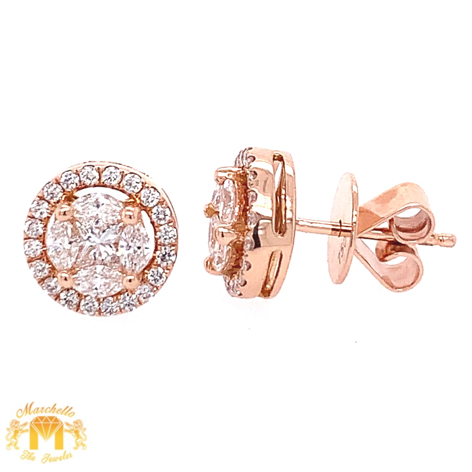 Marquis Diamond 18k Gold Round Earrings (VS marquis diamonds, halo, choose your color)