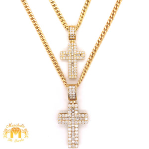 3ct Baguette and Round Diamond 14k Gold His and Hers Cross Pendants and Gold Cuban Link Chains Set