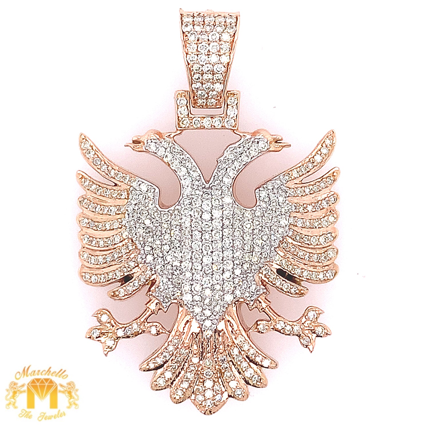 14k Gold Extra Large Two-Headed Eagle Diamond Pendant and 14k Gold Cuban Link Chain Set