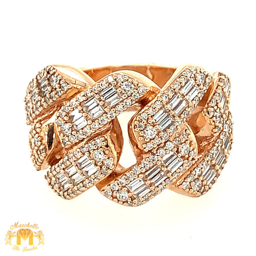 14k Rose Gold Diamond Edge Cuban Link Ring with baguette and round diamonds (2 rows of baguettes)