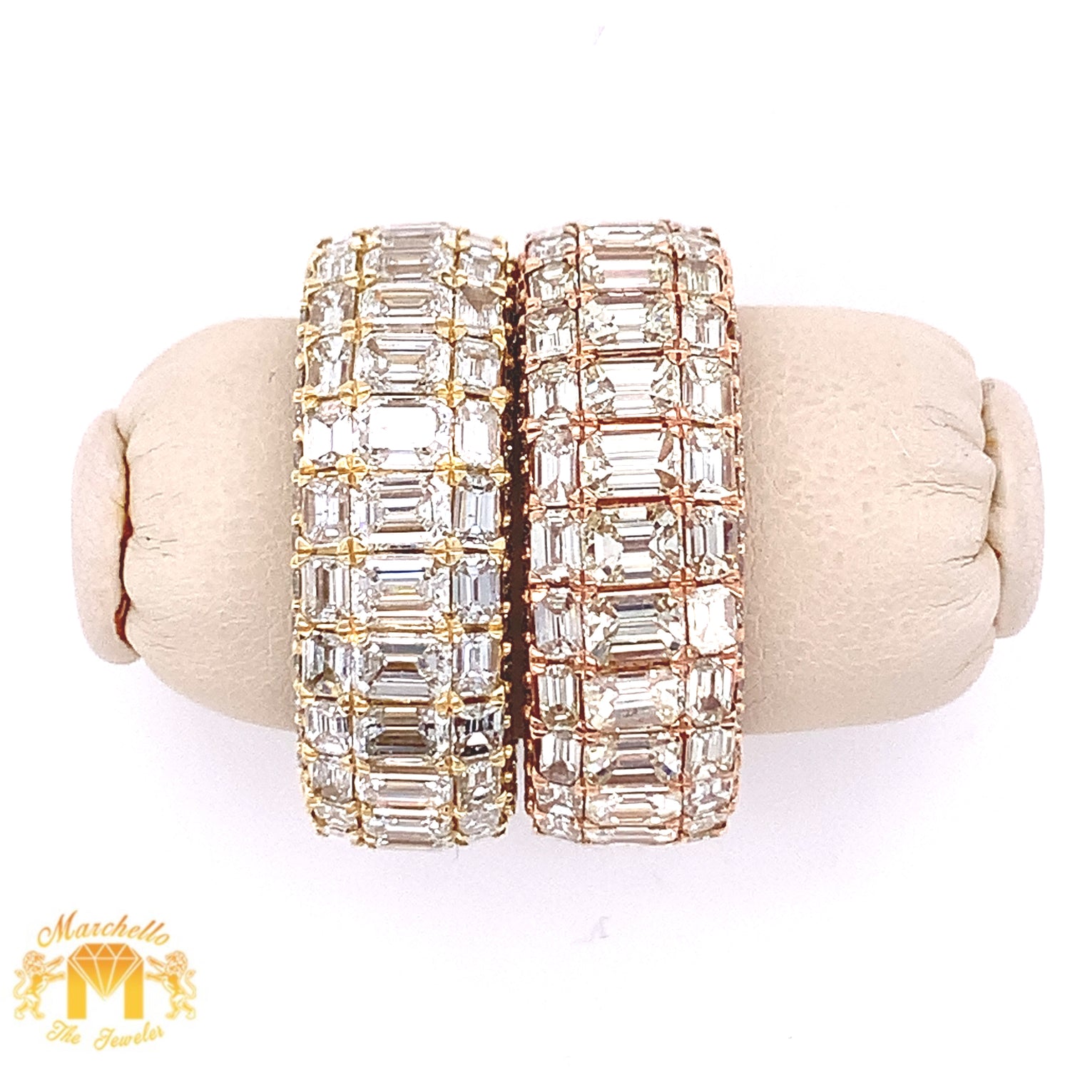 Luxury 7.97ct of Emarald and Round Diamonds and 14k Gold Band (5 Rows, With Side Diamonds)
