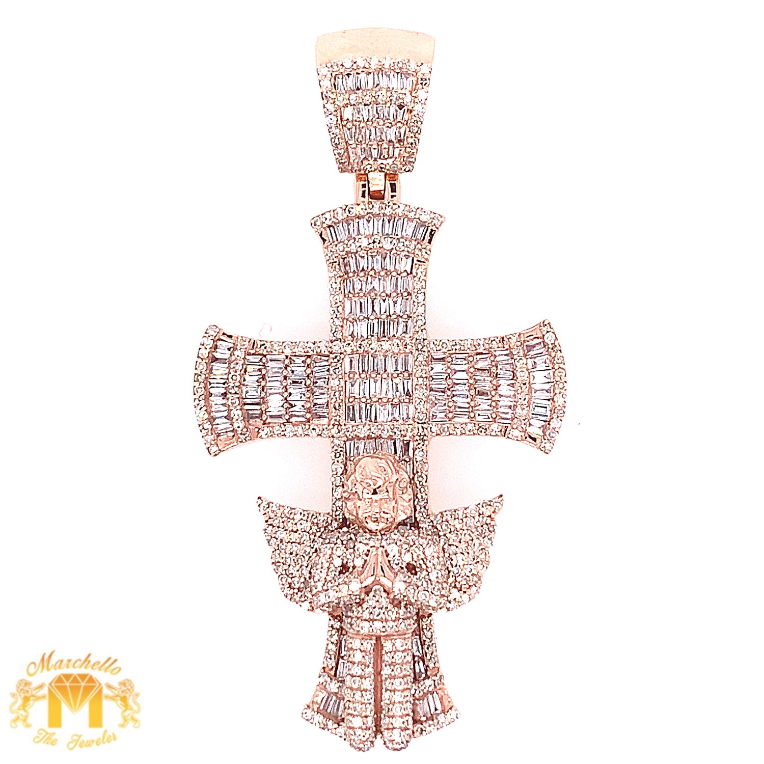 Gold and Diamond Angel on a Cross Pendant and Miami Cuban Link Chain Set