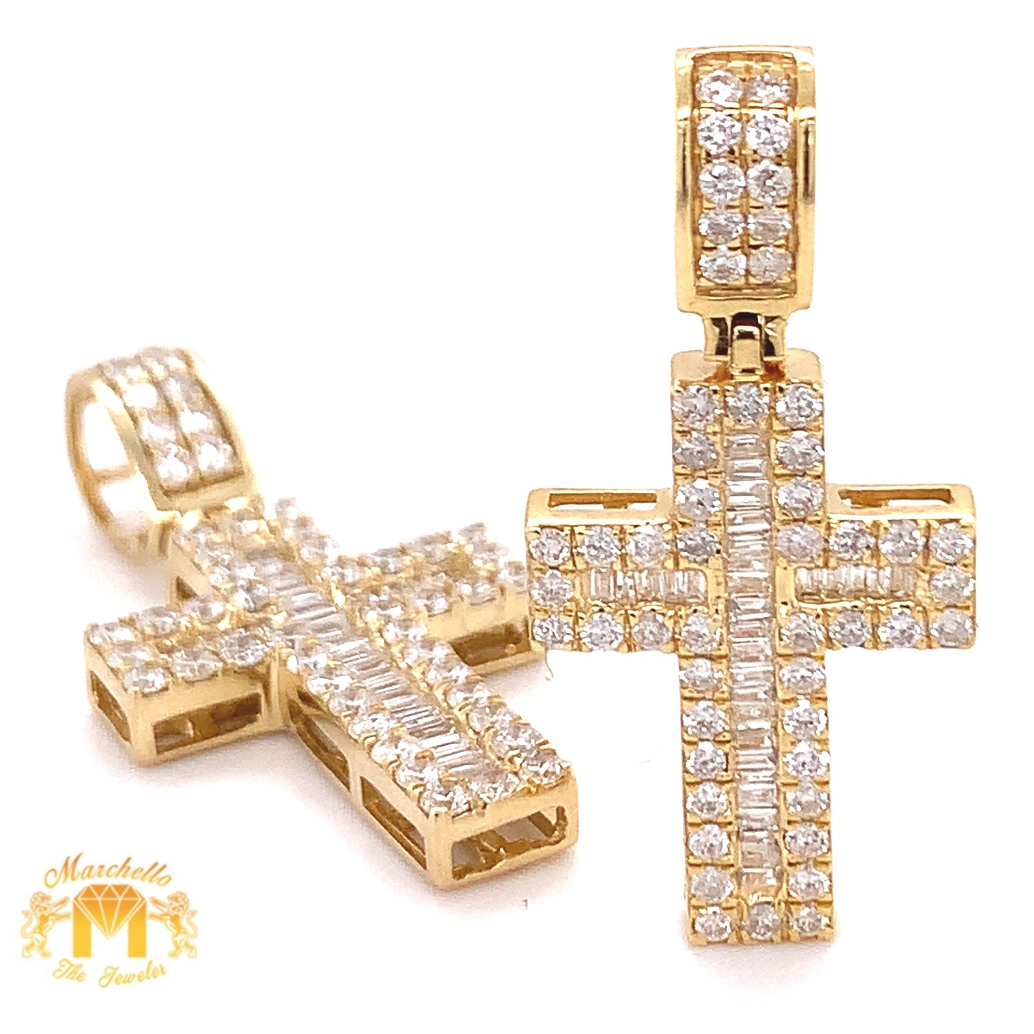 3ct Baguette and Round Diamond 14k Gold His and Hers Cross Pendants and Gold Cuban Link Chains Set
