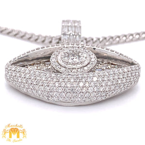 14k White Gold Large Evil Eye Pendant with Emerald-Cut and Round Diamonds & White Gold Cuban Link Chain Set