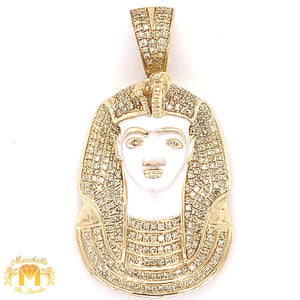 14k Gold King Tut Pharaoh Diamond Pendant and Gold Cuban Link Chain Set