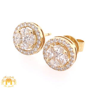 Marquis Diamond 18k Gold Round Earrings (VS marquis diamonds, halo, choose your color)