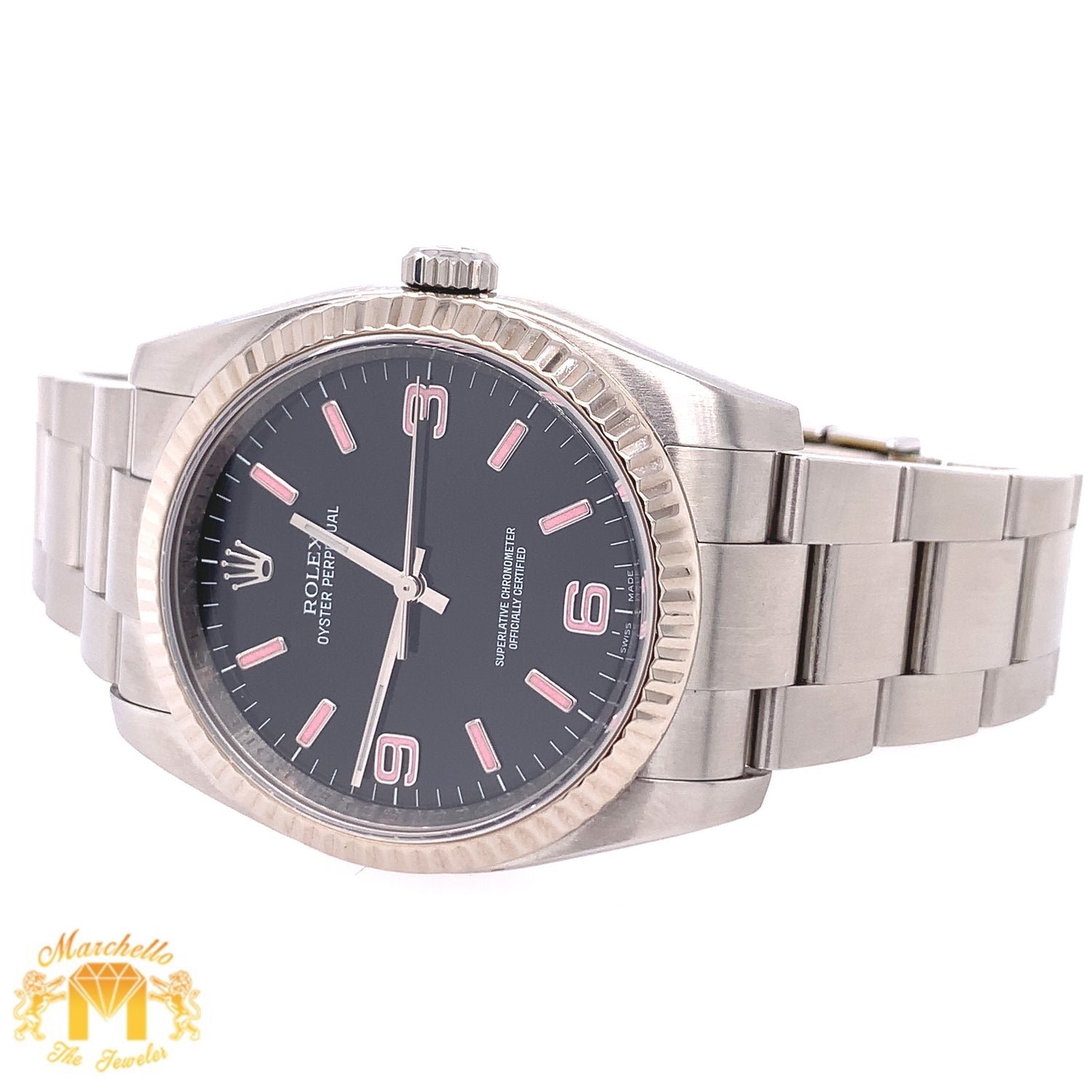 36mm Rolex Oyster Perpetual Watch with Stainless Steel Band (18k white gold fluted bezel)