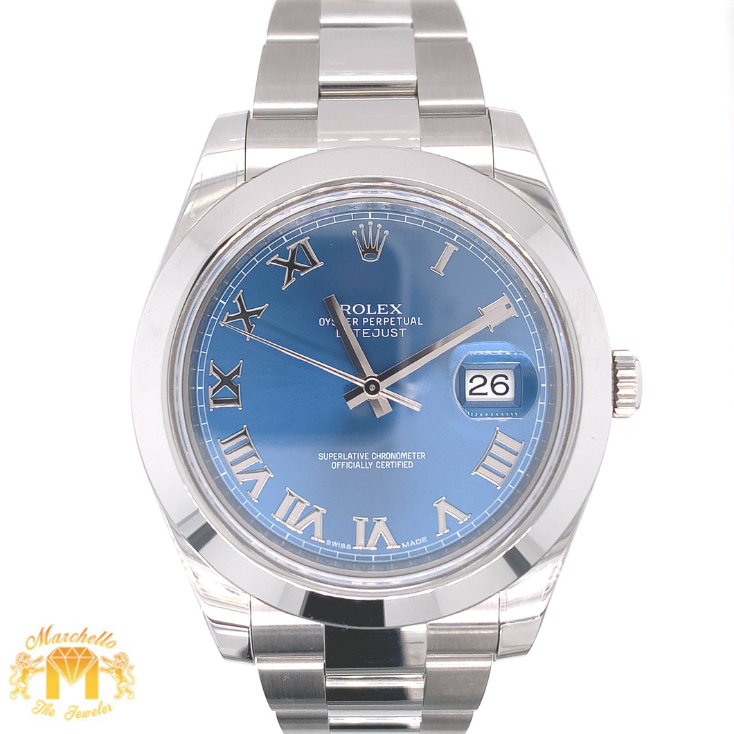 41mm Rolex Datejust Two Blue Roman Numeral Dial Watch with Steel Oyster Bracelet (smooth bezel, papers)
